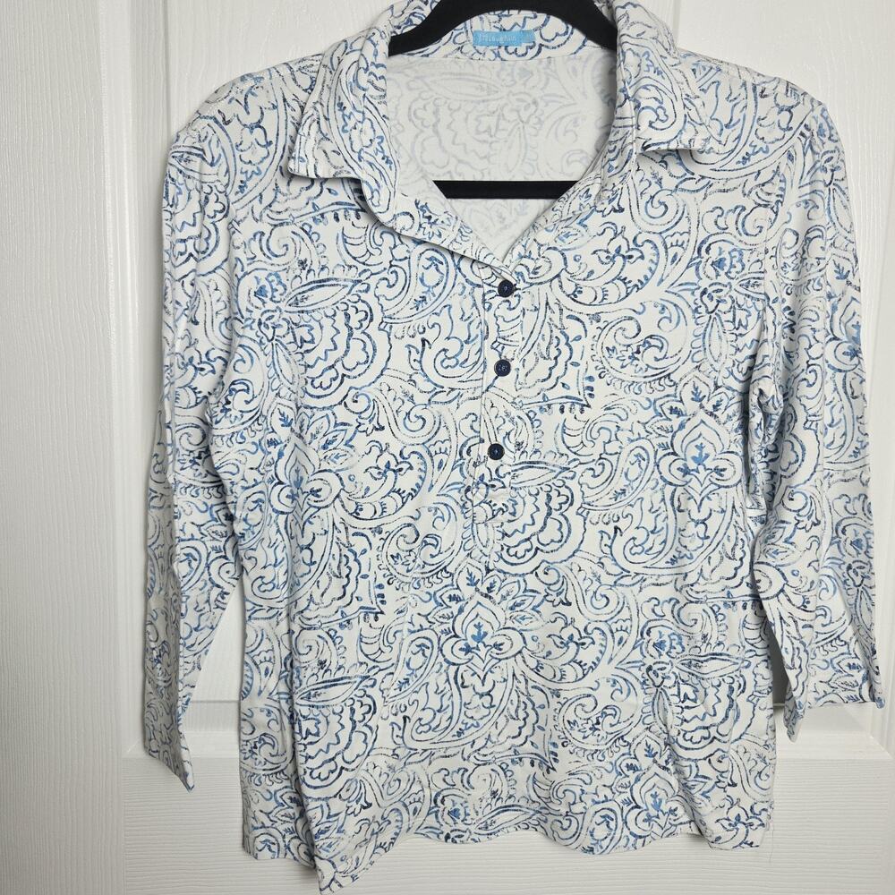J. McLaughlin Shirt Womens Medium Blue Paisley Tunic Stretch Long Sleeve Top